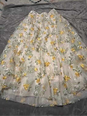 SHEIN Pale Pink Tulle Skirt with Yellow & Green Floral Embroidery